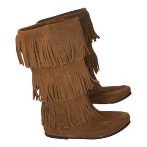 Minnetonka 3-Layer Fringe Moccasin Boots 12" Height Brown Pull-On Size 7